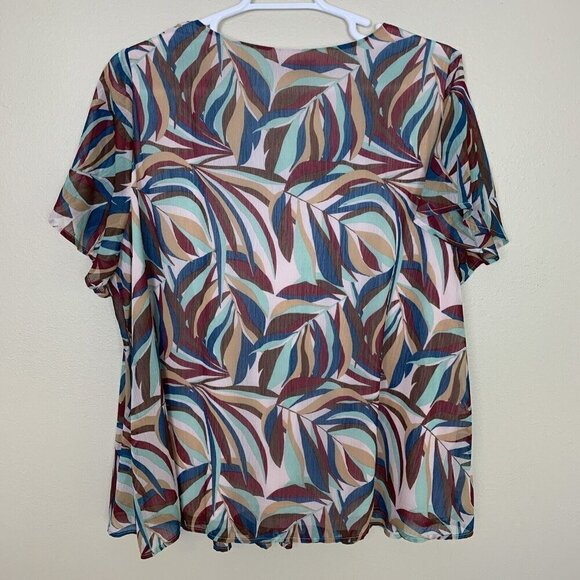 Lane Bryant Short Sleeve Blouse Lightweight Crochet Teal Brown Top Womens 18 20 - Picture 9 of 15